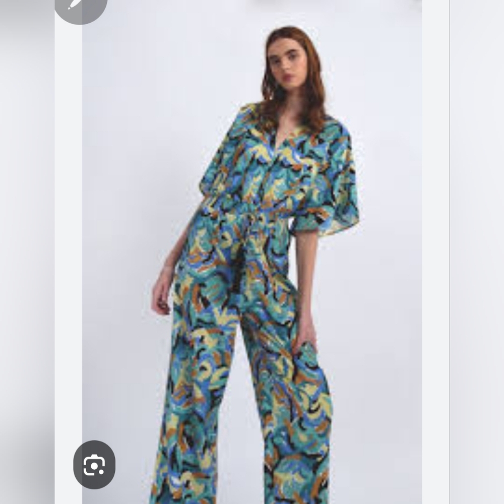Printed Blue Wide-Leg Jumpsuit with Abstract Swirl Pattern Sz S
